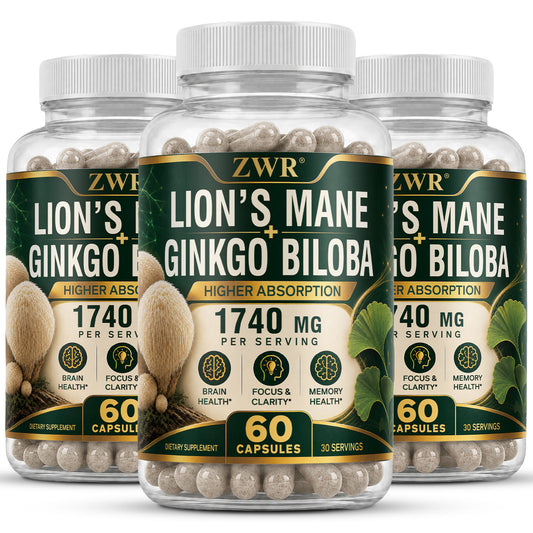 Lion's Mane Mushroom Extract with Ginkgo Biloba Capsules, 1740 mg Per Serving, Brain Health, Focus & Clarity, Memory Health, Cognitive Wellness Formula, 60 Capsules Each