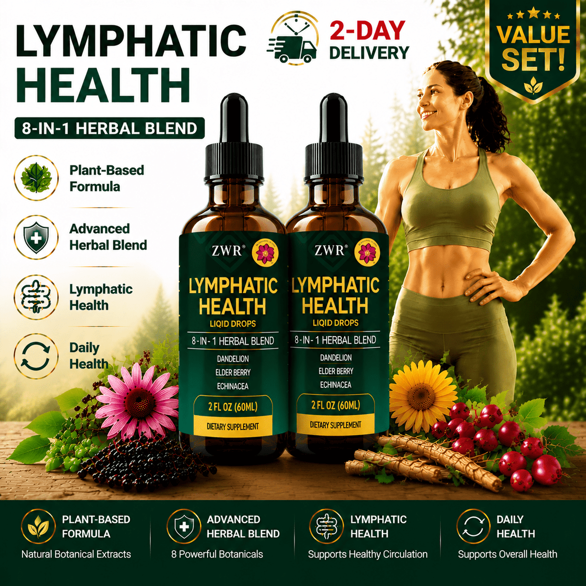 Herbal Lymphatic Health, Cleavers, Dandelion Elderberry, Burdock, Echinacea, Rose Hip, Blue Vervain - Plant-Based - 2fl.oz (60ml)per Bottle 60ml Each, Health Product Based Vegetarian Excellent men and women. A convenient daily for Circulatory Health