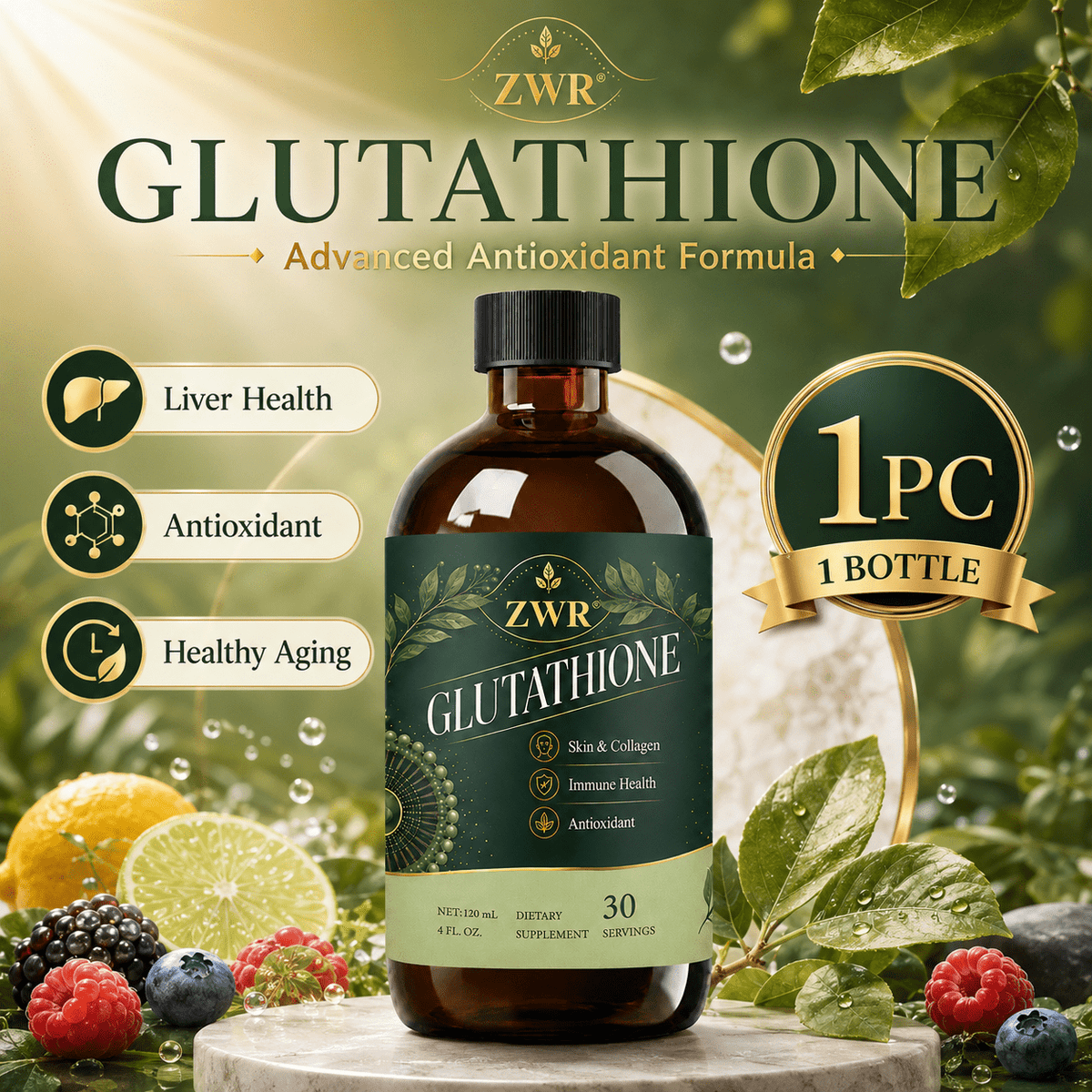 Liposomal Glutathione Liquid Dietary Supplement, Reduced L-Glutathione 500mg, Skin Health, Liver Health, Healthy Aging, Everyday Routine