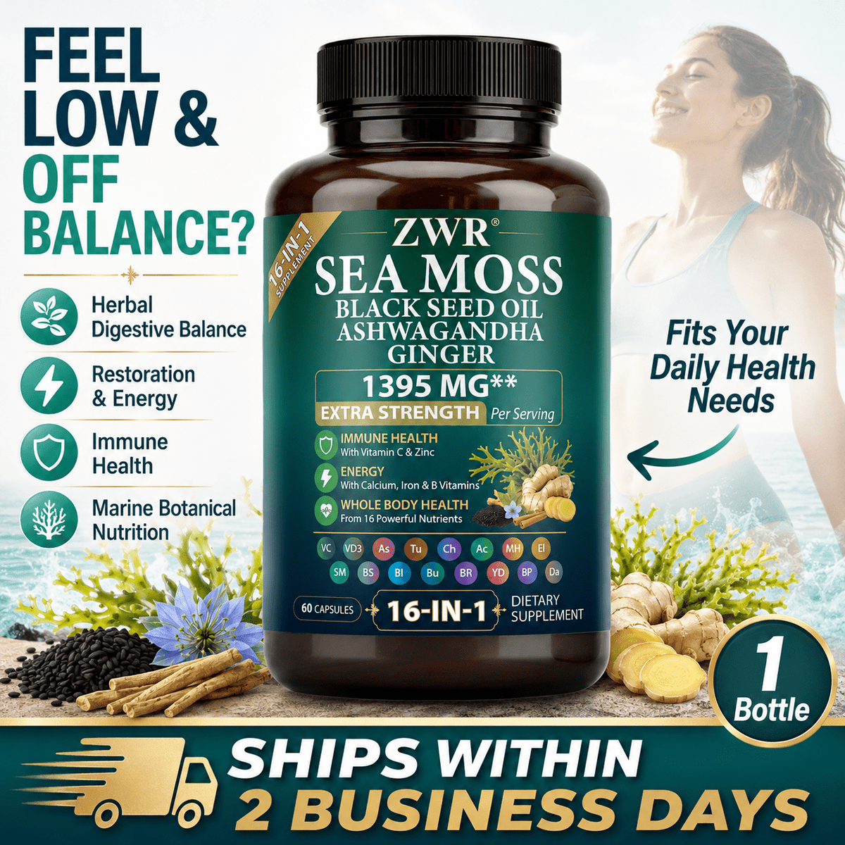 1 Bottle Sea Moss Black Seed Oil Ashwagandha Ginger Capsules, 16-in-1 Extra Strength Formula, 1395 mg Per Serving, Vitamin C, Vitamin D3, Turmeric, Bladderwrack & Burdock Root, Herbal Digestive Balance, Restoration & Energy, 60 Capsules