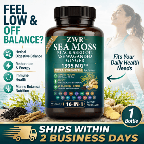 1 Bottle Sea Moss Black Seed Oil Ashwagandha Ginger Capsules, 16-in-1 Extra Strength Formula, 1395 mg Per Serving, Vitamin C, Vitamin D3, Turmeric, Bladderwrack & Burdock Root, Herbal Digestive Balance, Restoration & Energy, 60 Capsules