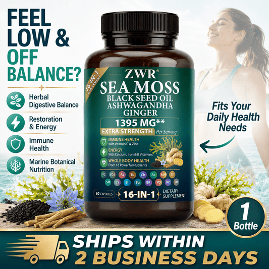 1 Bottle Sea Moss Black Seed Oil Ashwagandha Ginger Capsules, 16-in-1 Extra Strength Formula, 1395 mg Per Serving, Vitamin C, Vitamin D3, Turmeric, Bladderwrack & Burdock Root, Herbal Digestive Balance, Restoration & Energy, 60 Capsules