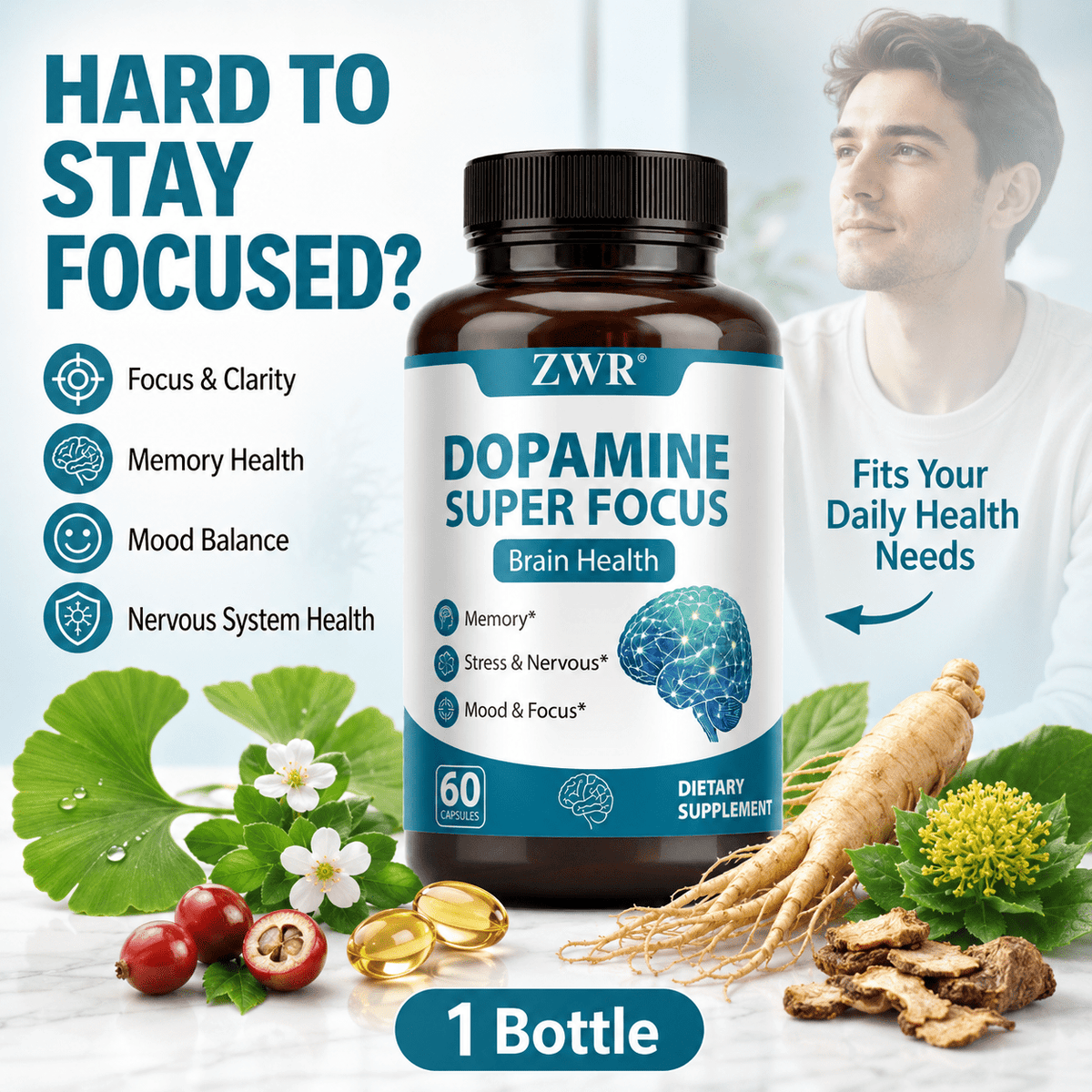 1 Bottle Dopamine Super Focus Brain Health Capsules, Focus & Clarity, Memory Health, Mood Balance, Nervous System Health, Ginkgo Biloba, Bacopa, L-Tyrosine, Rhodiola, 60 Capsules