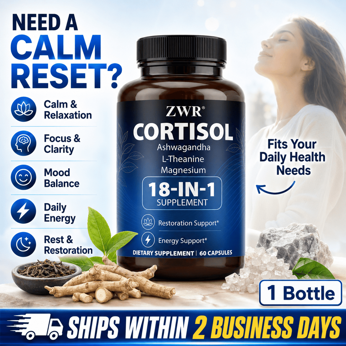 1 Bottle Cortisol 18-in-1 Supplement with Ashwagandha, L-Theanine & Magnesium, Calm & Relaxation, Focus & Clarity, Mood Balance, Daily Energy, Rest & Restoration, 60 Capsules