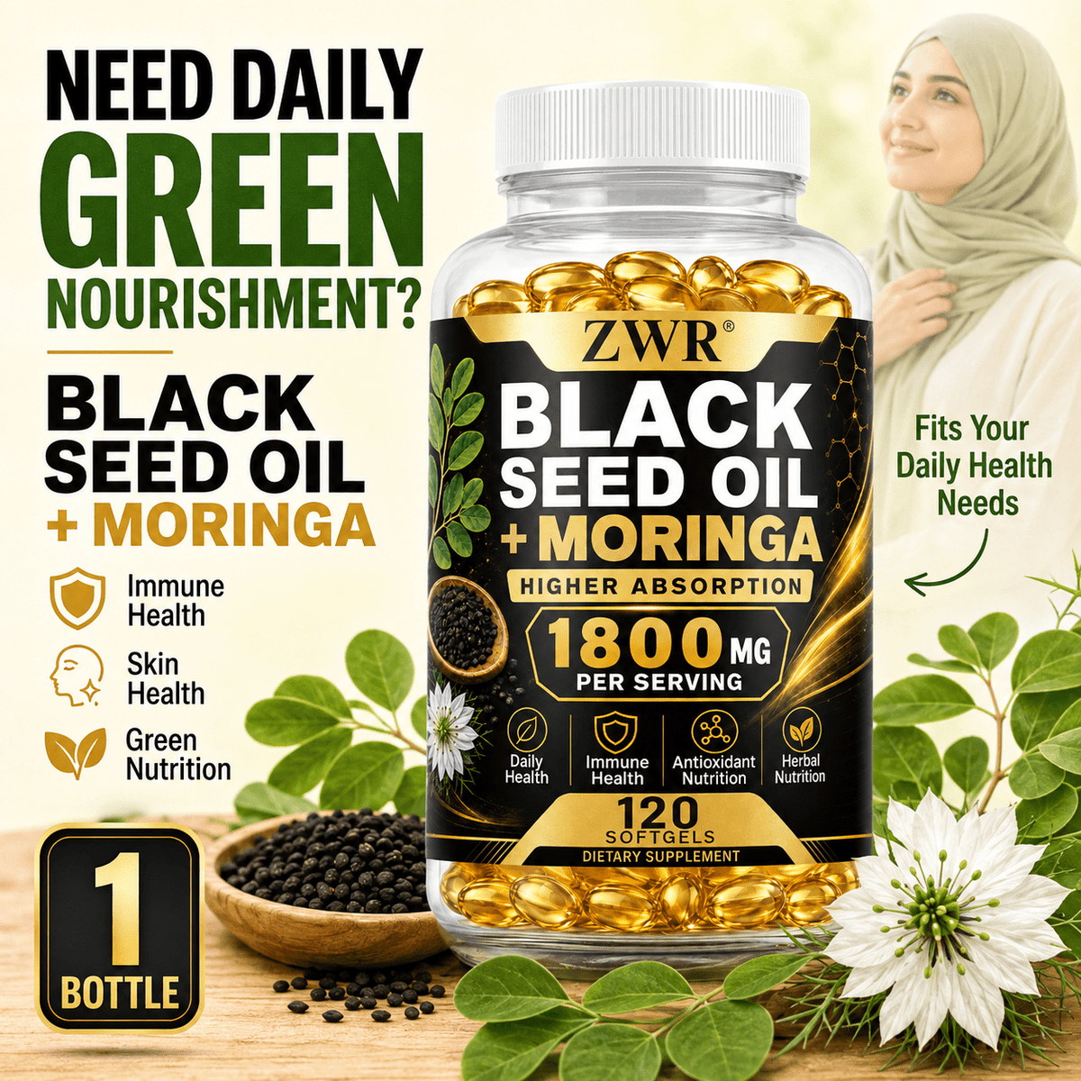 1 Bottle Black Seed Oil + Moringa Softgels, 1800 mg Per Serving, Higher Absorption Premium Blend, Immune Health, Skin Health, Antioxidant Nutrition, Herbal Nutrition, 120 Softgels