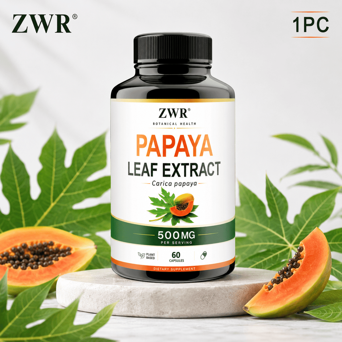 1/3PCS Papaya Leaf Extract Capsules 500mg (Carica Papaya Leaf), Pure Botanical Plant Formula in Vegetarian HPMC Capsules, Simple Daily Supplement, 60 Count Bottle