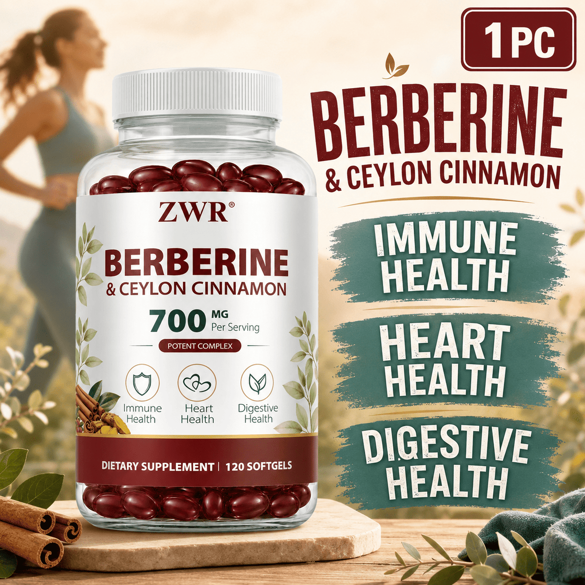 Berberine HCl 600mg & Ceylon Cinnamon 100mg Softgels - For Healthy Glucose Metabolism, Immune Health, Heart Health & Digestive Health, 120ct per Bottle