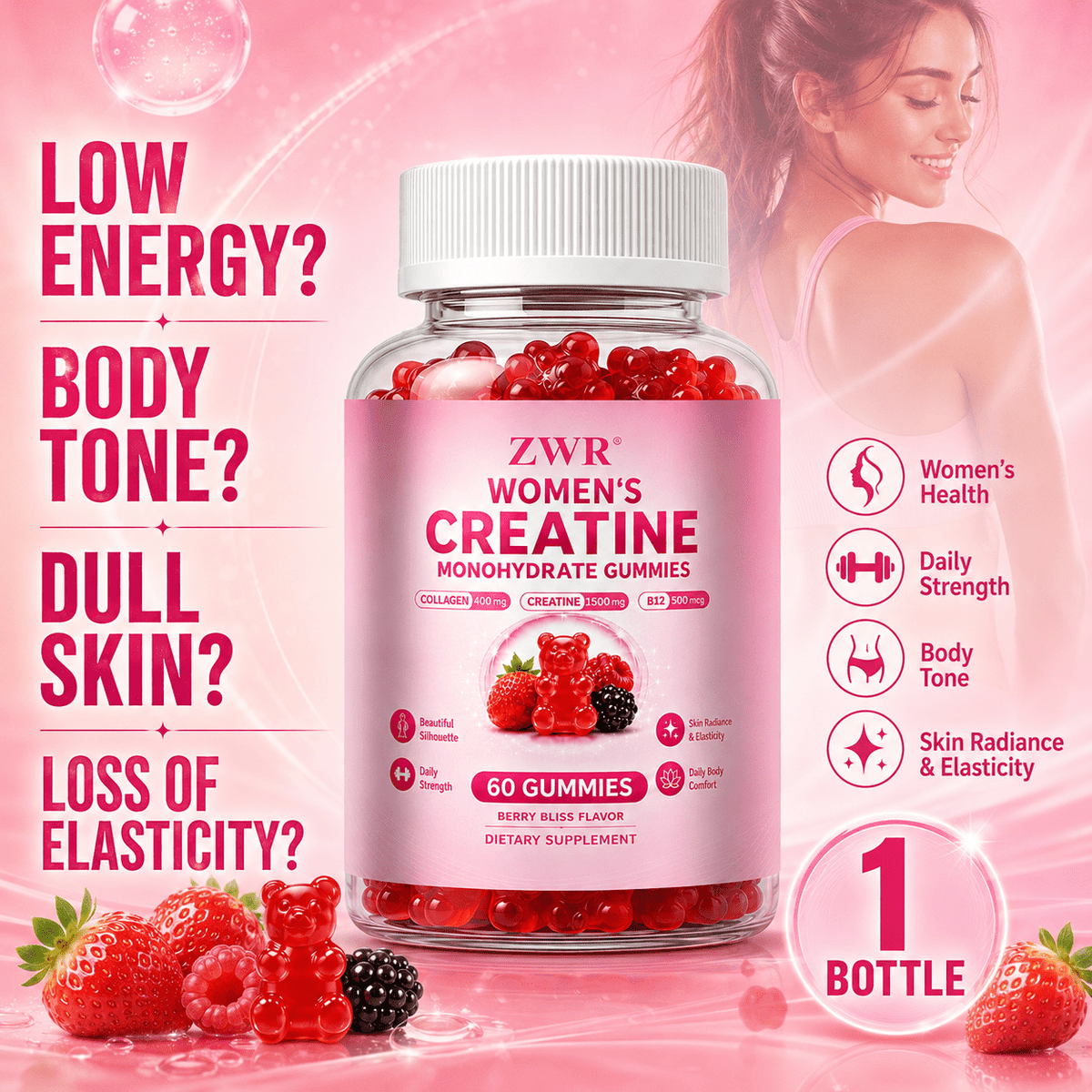 1 Bottle Women's Creatine Monohydrate Gummies, 1500mg Creatine + 400mg Collagen + 500mcg B12, Women-Focused Formula, Daily Strength, Body Tone, Skin Radiance & Elasticity, 30 Servings