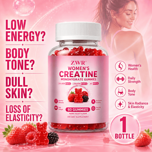 1 Bottle Women's Creatine Monohydrate Gummies, 1500mg Creatine + 400mg Collagen + 500mcg B12, Women-Focused Formula, Daily Strength, Body Tone, Skin Radiance & Elasticity, 30 Servings