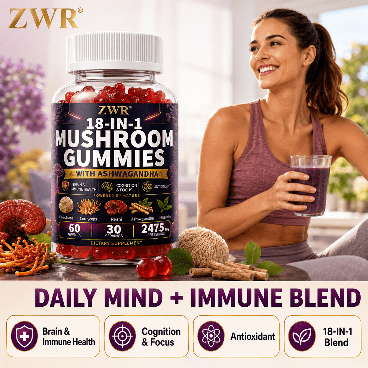 Multi Mushroom Gummies with Ashwagandha | Lion's Mane, Cordyceps, Reishi, Chaga, Maitake & Bacopa | Cognitive Focus, Mental Clarity & Immune Health | 60 Gummies