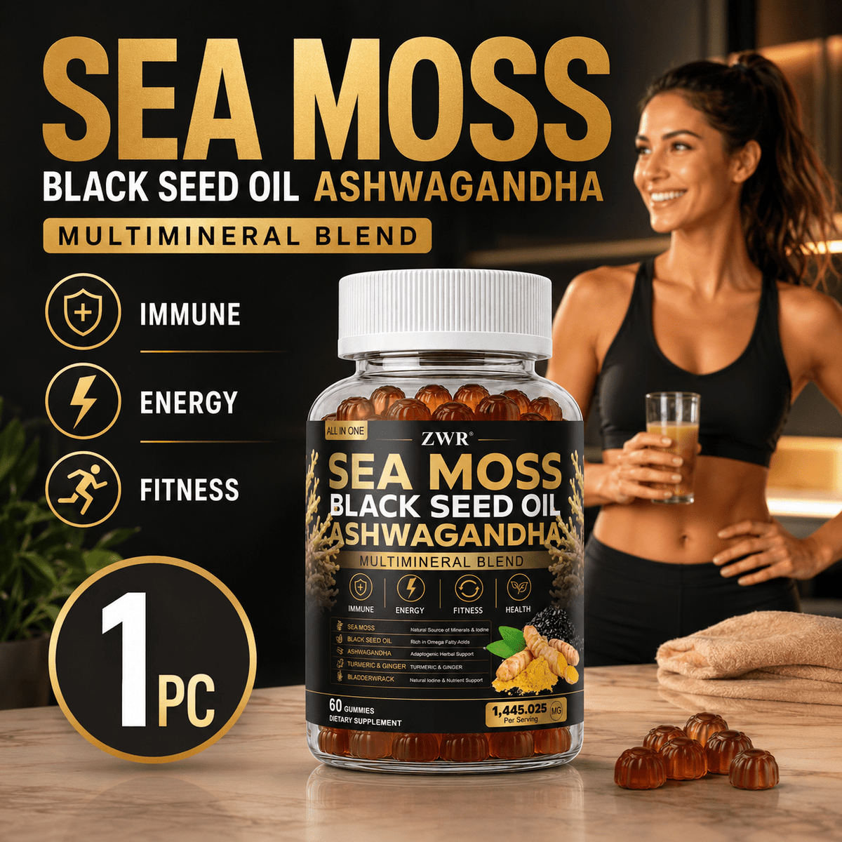 Sea Moss Black Seed Oil Ashwagandha Gummies - Daily Botanical Gummy Supplement with Shilajit, Turmeric, Ginger, Bladderwrack, Vitamin C & D3, 60 Gummies-Advanced Seaweed Multivitamin & Mineral Gummies - Energy & Immune Health