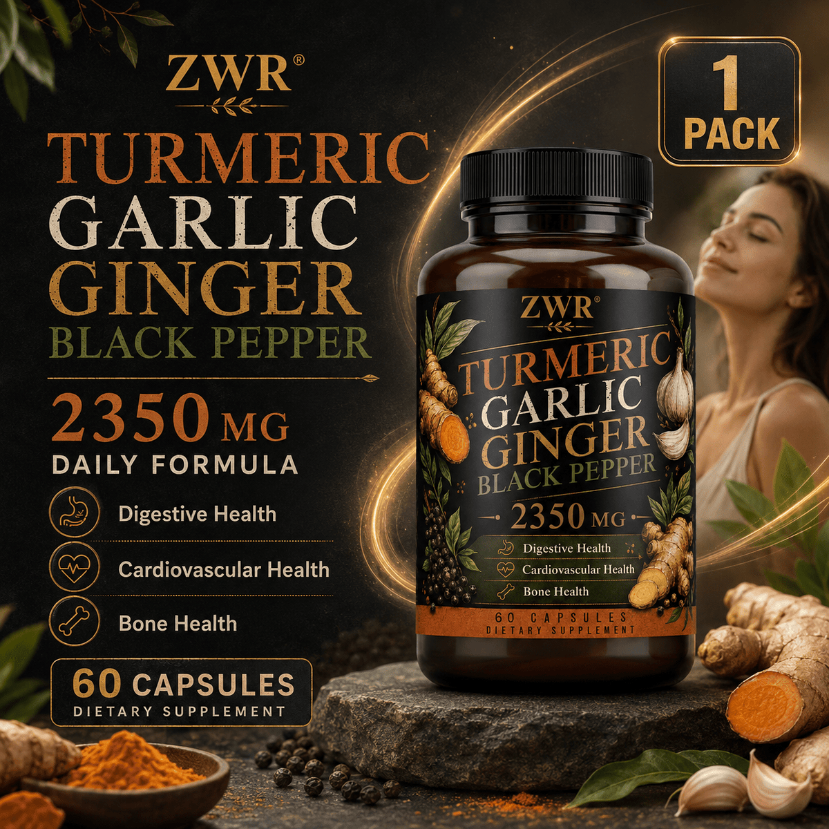 1PACK, Turmeric Garlic Ginger Black Pepper Capsules, Turmeric Root Extract, Garlic Bulb Extract, Ginger Root Extract, MSM, Boswellia Serrata Extract, Glucosamine Sulfate, Chondroitin Sulfate, Bromelain, Daily Health Formula