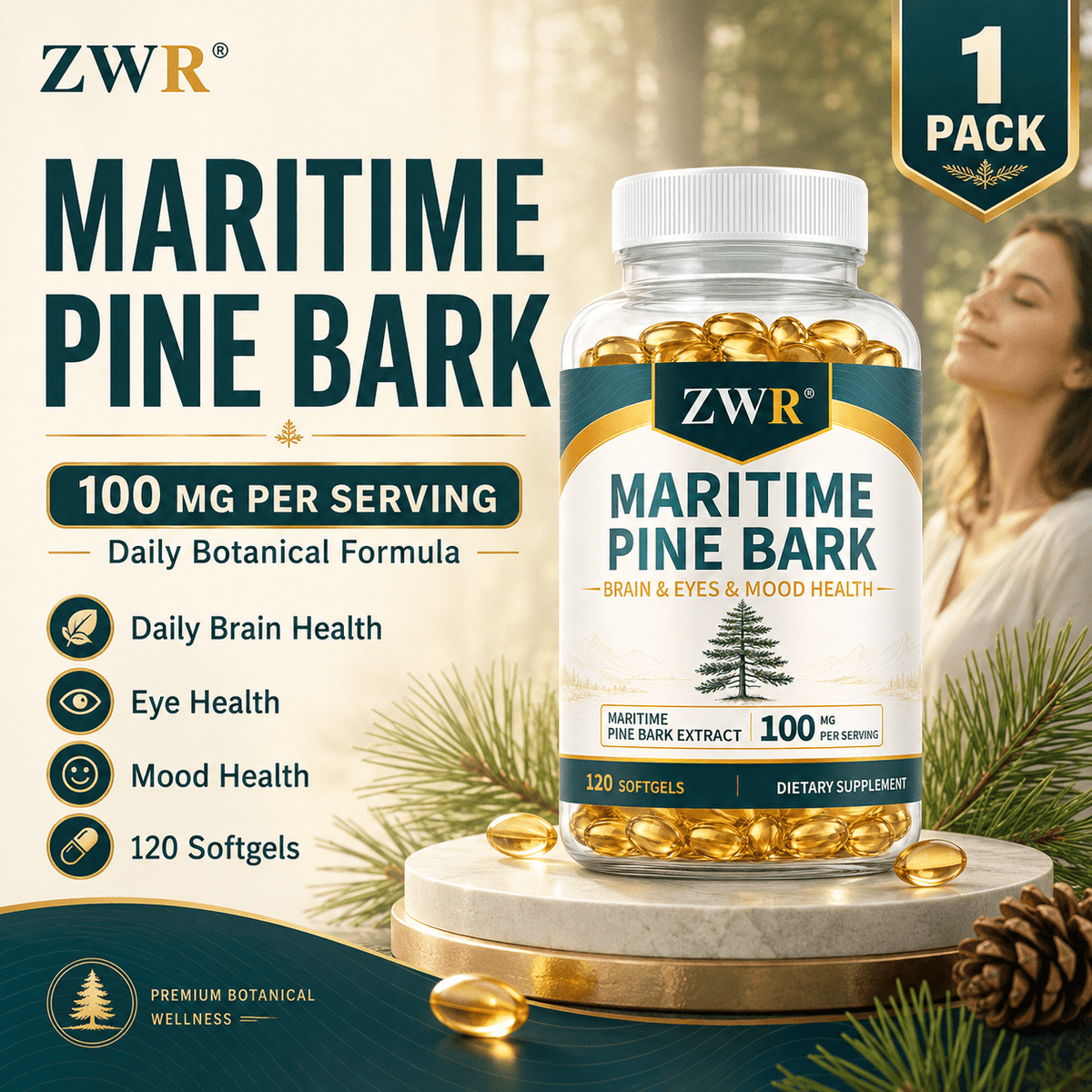 1PACK, Maritime Pine Bark Extract Softgels, Pycnogenol Pine Bark Formula, Maritime Pine Bark Extract, Antioxidant Health, Daily Wellness, Eye Health, Skin Health