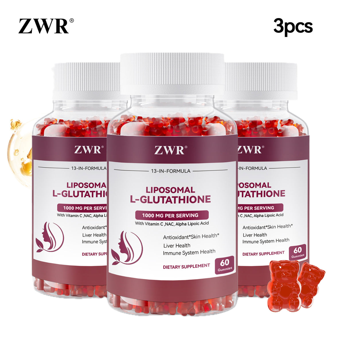 1/3 pcs Glutathione Complex Gummies - 1000mg Glutathione, 500mg Vitamin C & 600mg NAC Per Serving - Plus Vitamin E, Alpha-Lipoic Acid, Selenium & Zinc - Supports Daily Wellness - 60 Count-tissue paper