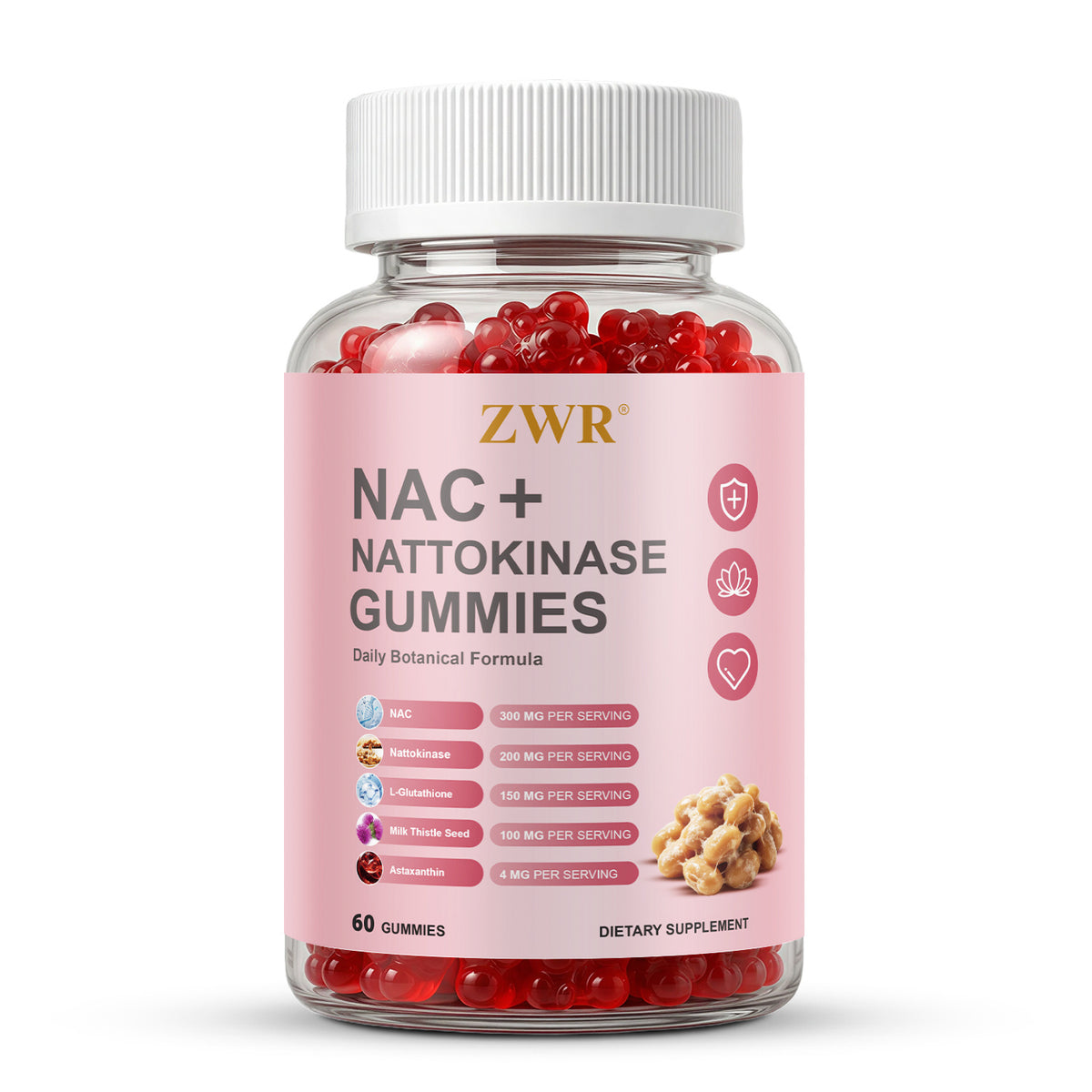 ZWR NAC Gummies with Nattokinase 4000 FU, Reduced Glutathione, Alpha Lipoic Acid, Beet Root Extract and Milk Thistle, Convenient Daily Botanical Formula, 60 Gummies-Brain and cardiovascular health, healthy circulatory system