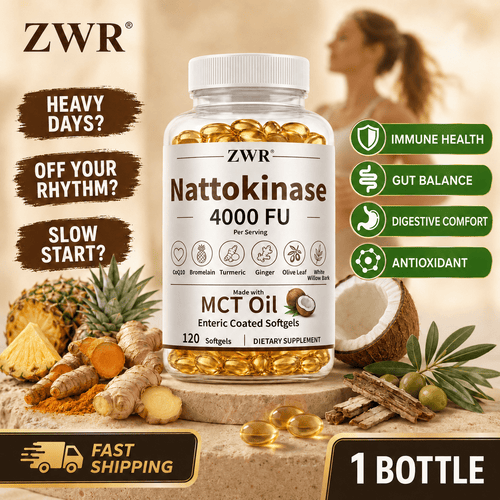 Nattokinase Softgels. Support comfortable intestinal environment and balanced immunity, provide powerful antioxidant protection. Key Ingredients: Nattokinase, Coenzyme Q10, Turmeric, Olive, Bromelain, 120 Counts.