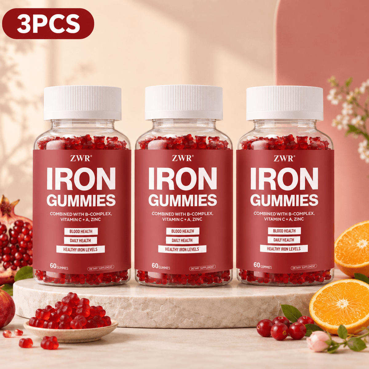 1/3pcs Iron Supplement Gummies - 10mg Iron, 80mg Vitamin C, 90mcg Vitamin A & 0.34mg Zinc with B Vitamins & Biotin per serving - Pectin Gummies - Supports Immune Health - Dietary Supplement