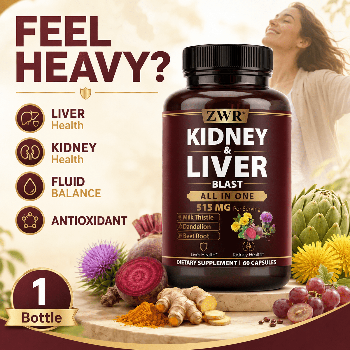 1 Bottle Kidney & Liver Blast Capsules, All-in-One 515mg Per Serving Formula, 60 Capsules, with Milk Thistle, Dandelion, Beet Root, Turmeric, Grape Seed, Zinc & Selenium, Liver Health, Kidney Health, Fluid Balance & Antioxidant Support