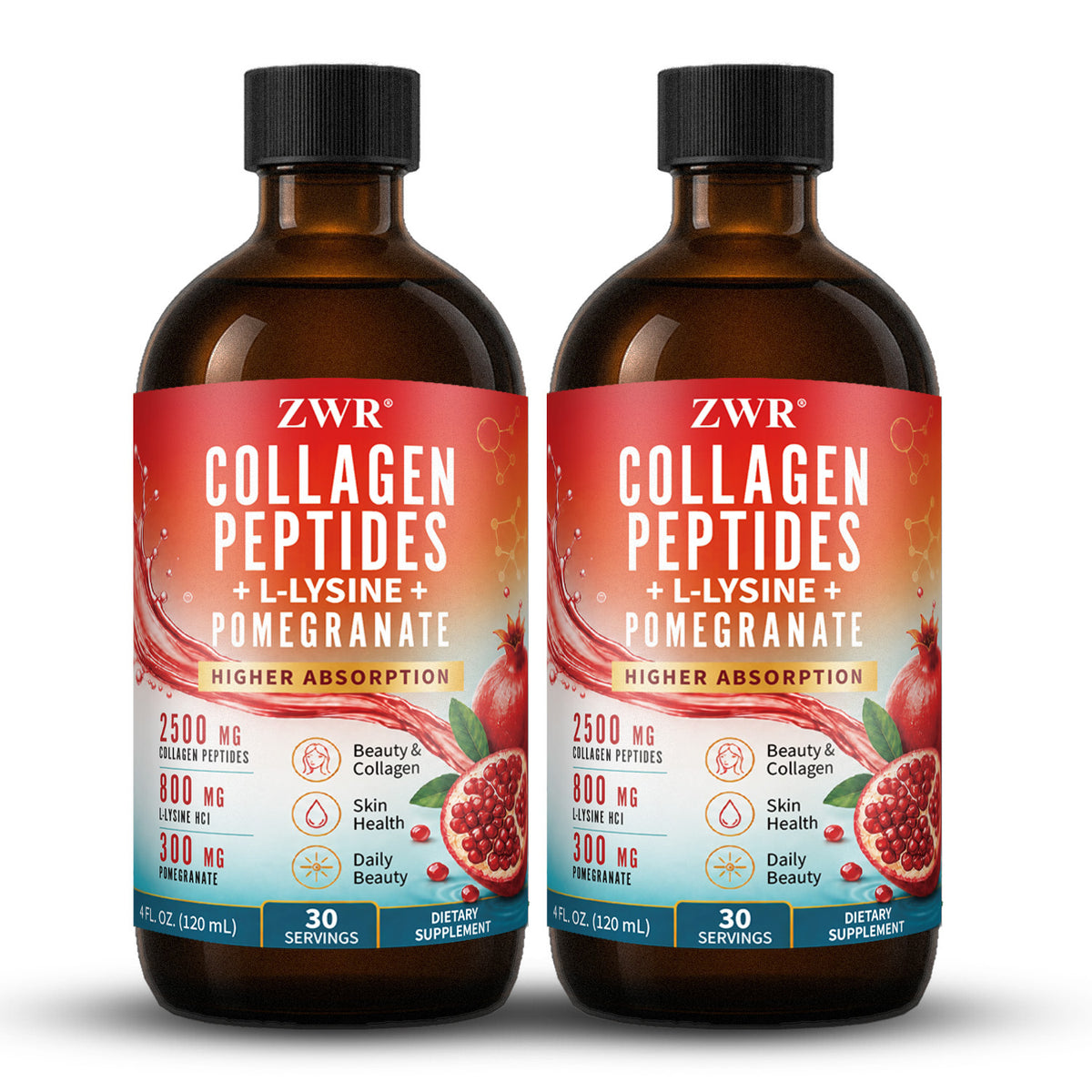 Collagen Peptides + L-Lysine + Pomegranate Liquid Supplement, Liquid Collagen Beauty Formula, Skin Health, Daily Beauty Nutrition and Beauty Care, Dietary Supplement, 4 FL OZ (120 mL) Each