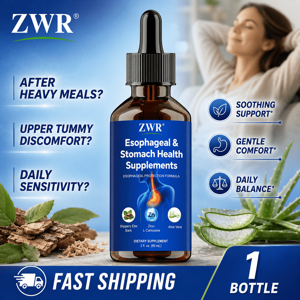 Daily Esophagus Care Drops, Stomach Comfort Botanical Formula with Zinc-L-Carnosine, Slippery Elm Bark & DGL Extract, 2 fl oz