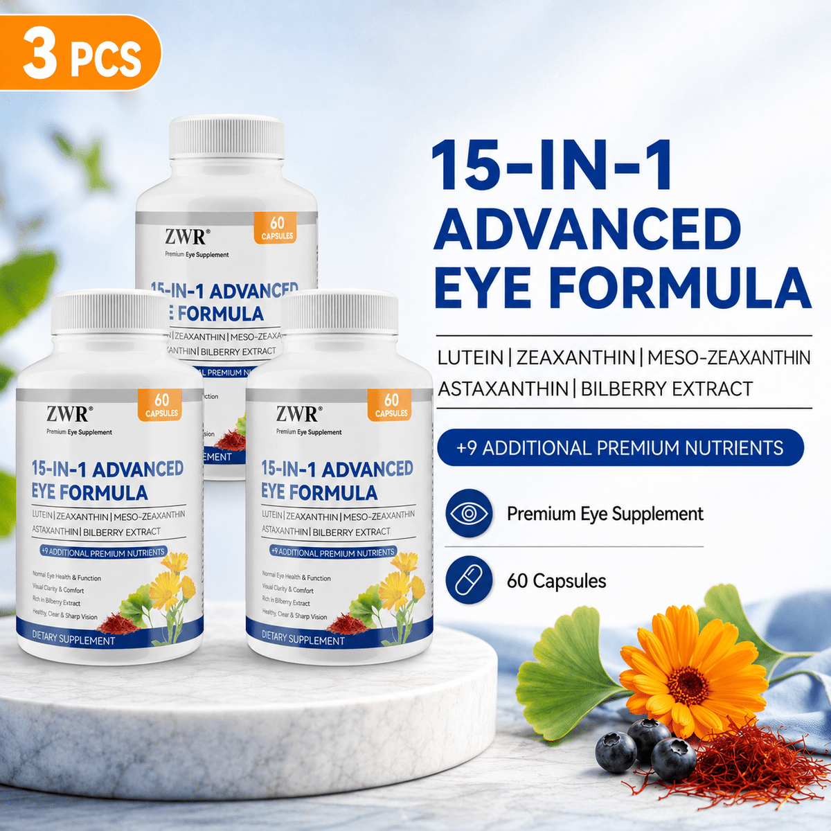 1 PC/ 3 PCS - Eye Wellness 15-in-1 Capsules - Lutein, Zeaxanthin & Bilberry for Daily Visual Support