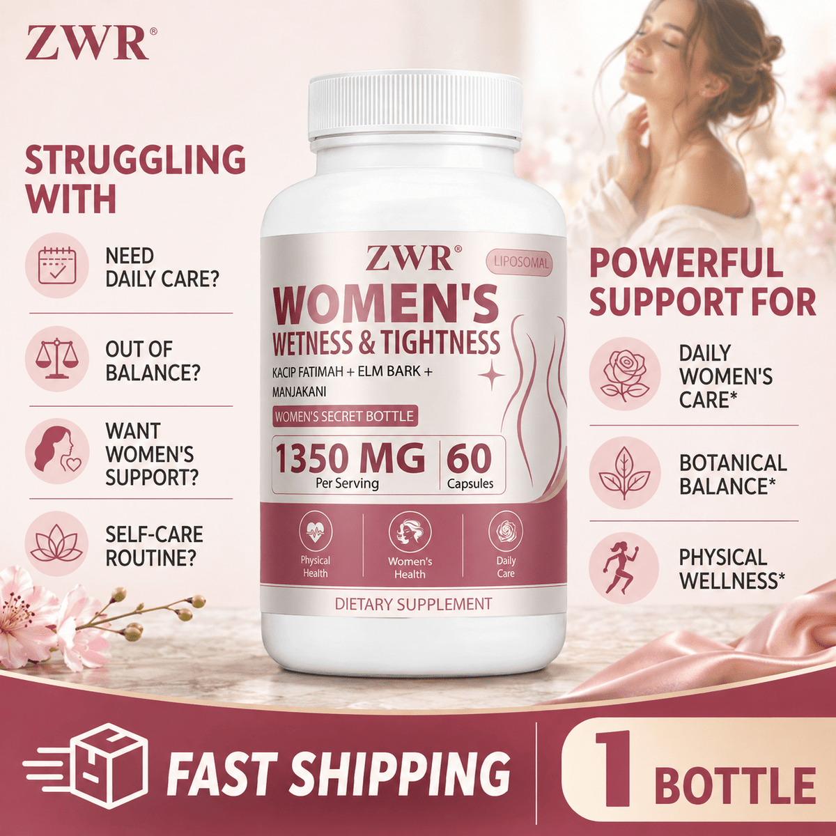 WETNESS & TIGHTNESS Capsules. Support All-Round Female Wellness, Boost Daily Vitality, Powerful Antioxidant Protection, Enhance Soft Feminine Allure. Key Ingredients: Kscip Fatimah, Marjakani, Slippery Elm Bark, Fenugreek Seed, 60 Counts.