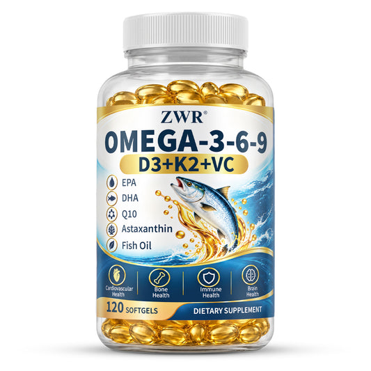 Omega-3-6-9 D3 K2 Vitamin C Softgels, EPA DHA CoQ10 Astaxanthin, Fish Oil with Magnesium Selenium Vitamin E, Heart Health, Brain Health, Bone Health, Daily Nutrition, 120 Softgels