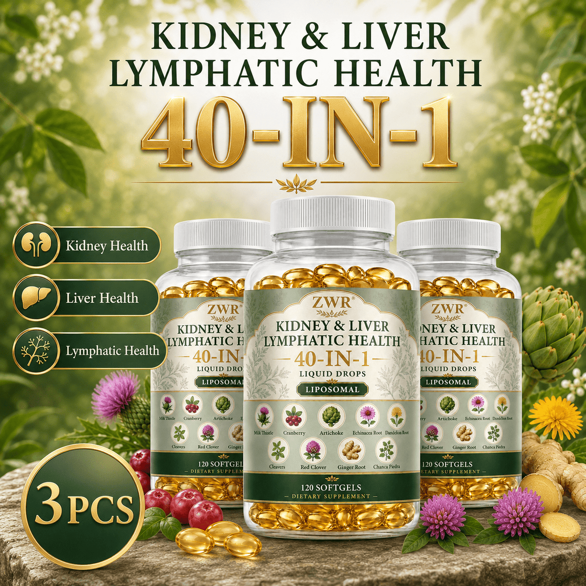 40-IN-1 Kidney & Liver Lymphatic Health Softgels with Liposomal Glutathione, NAC, Milk Thistle, Cranberry & Artichoke, Kidney Health, Liver Health, Lymphatic Health, Antioxidant and Fluid Balance, 120 Softgels
