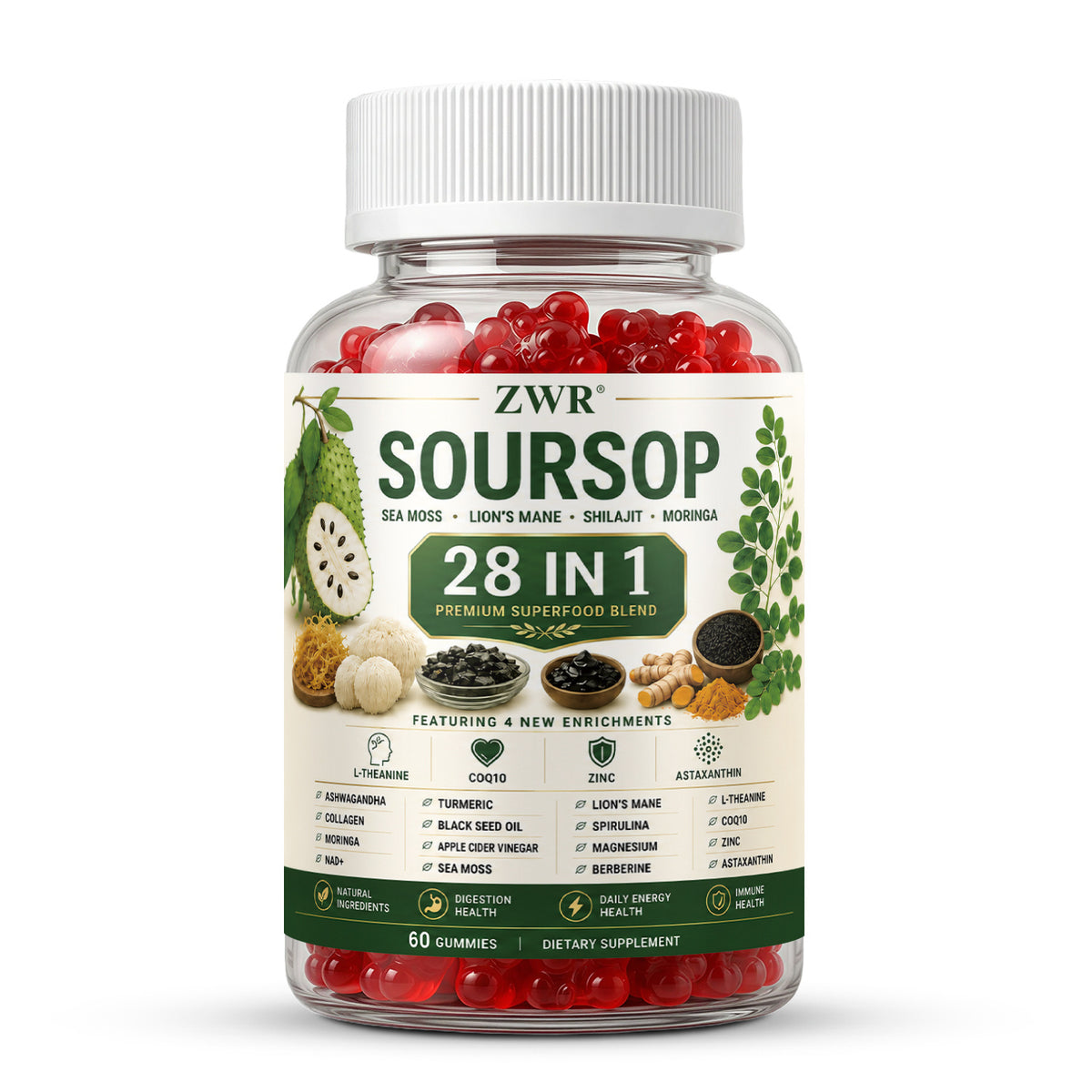 Newly Upgraded 28-in-1 Soursop Sea Moss Gummies, Diverse Superfood Blend with Lion's Mane, Ashwagandha, Shilajit, Turmeric, Spirulina, Berberine, Magnesium and NAD+, Whole-Body Daily Nutrition, 60 Count