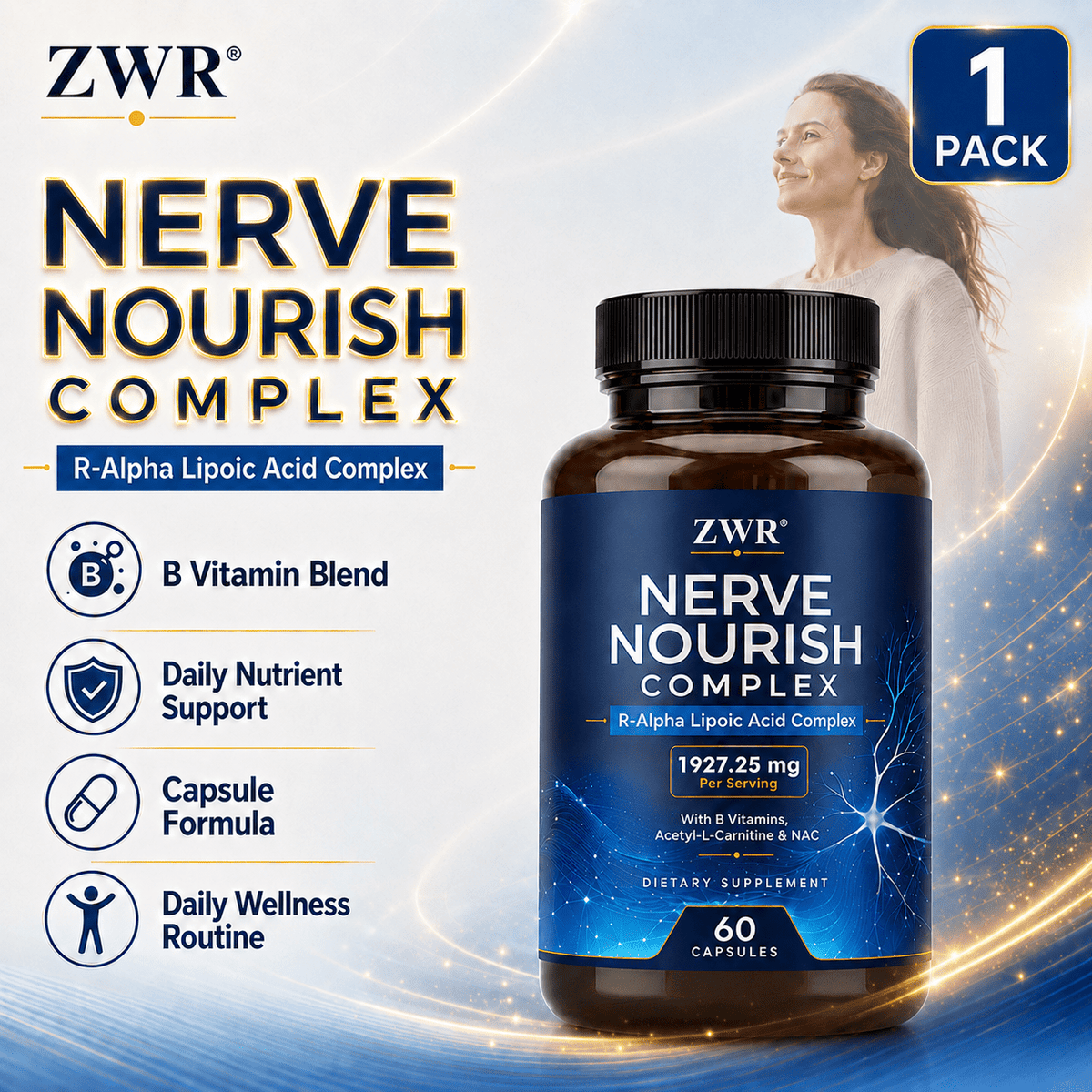 1 PCS, Nerve Nourish R-Alpha Lipoic Acid Complex Capsules, R-Alpha Lipoic Acid, Acetyl-L-Carnitine HCl, NAC, B Vitamins, Magnesium, Daily Nutrition, Wellness Formula