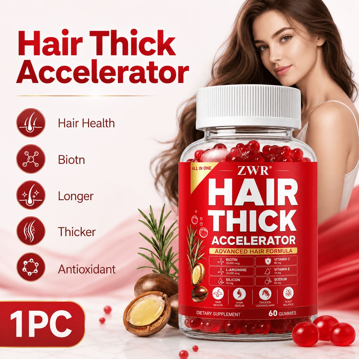 Hair Health Nutrient Gummies, with Biotin, Bamboo Silicon, L-Arginine and Antioxidant Vitamins C & E, for Hair Health, Scalp Health, Nutritional Balance, Daily Beauty Wellness and Routine Care