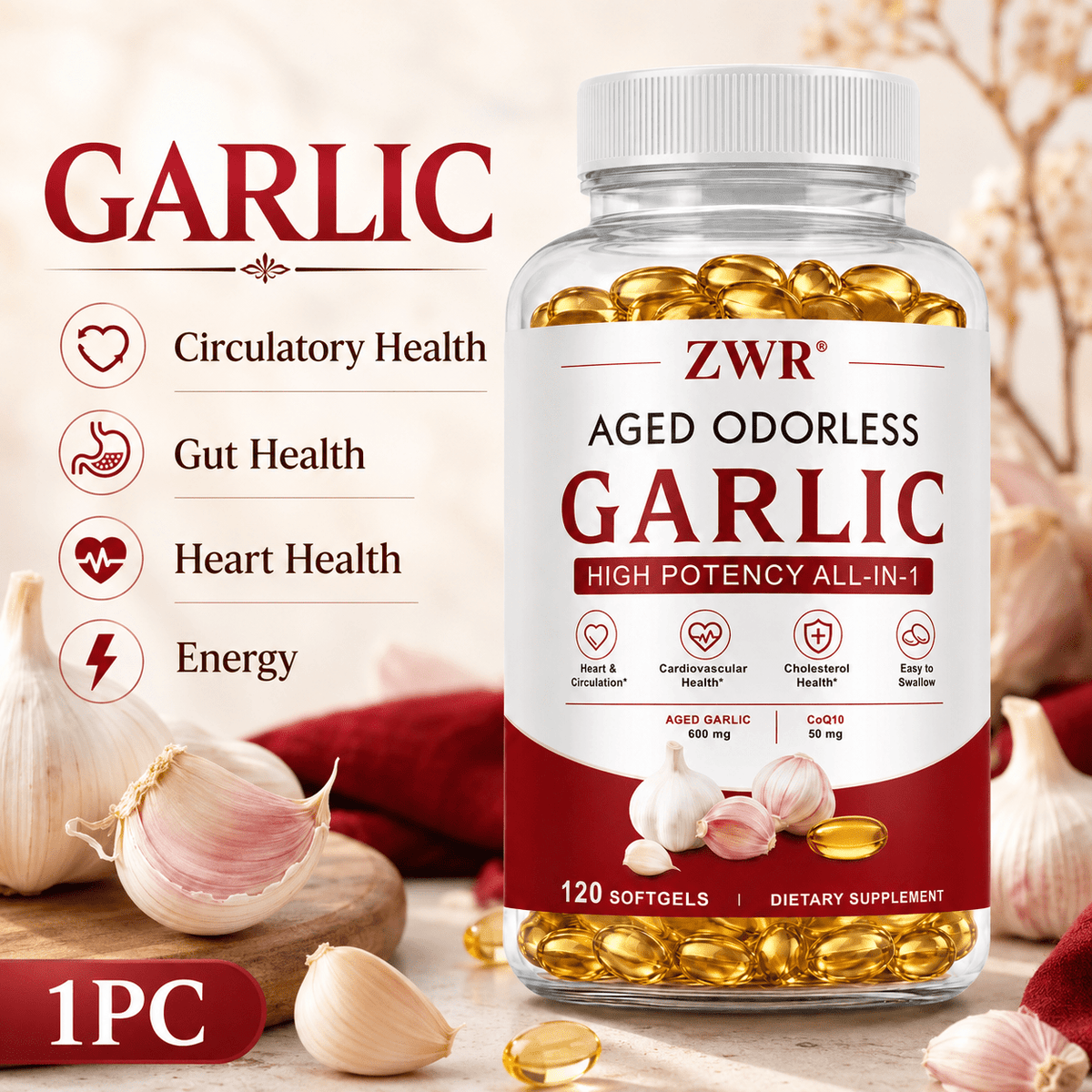 Aged Odorless Garlic & CoQ10 Softgels, with 600mg Aged Garlic Extract and 50mg Ubiquinol, for Heart Health, Circulatory Health, Gut Health, Natural Energy, Antioxidant Care and Daily Wellness, 120 Count