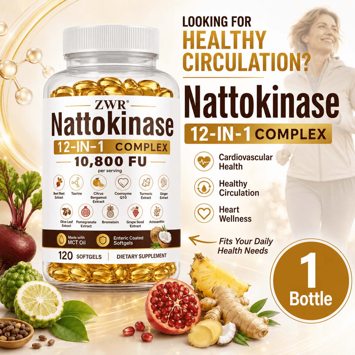 1 Bottle Nattokinase 12-IN-1 Complex Softgels, 10, 800 FU Per Serving, Nattokinase 600 mg with Beet Root, Taurine, CoQ10, Citrus Bergamot, Turmeric, Ginger, MCT Oil, Heart Wellness, 120 Softgels
