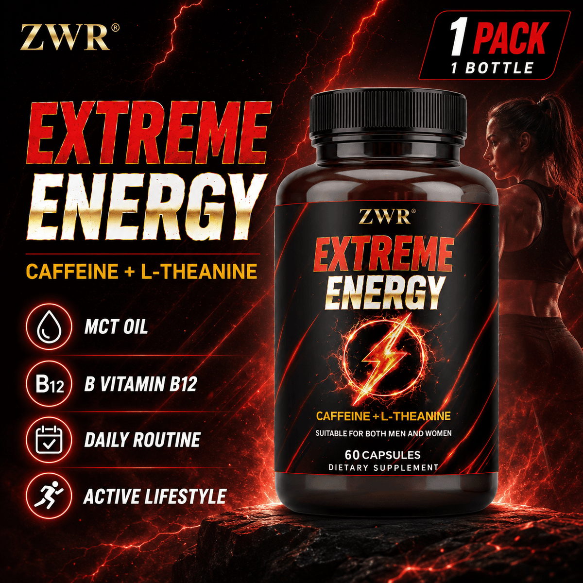1 PACK - EXTREME ENERGY CAFFEINE + L-THEANINE, with Caffeine, L-Theanine, Guarana, Red Ginseng, Maca, L-Arginine, Vitamin B12, Plant-Based, 60 Capsules