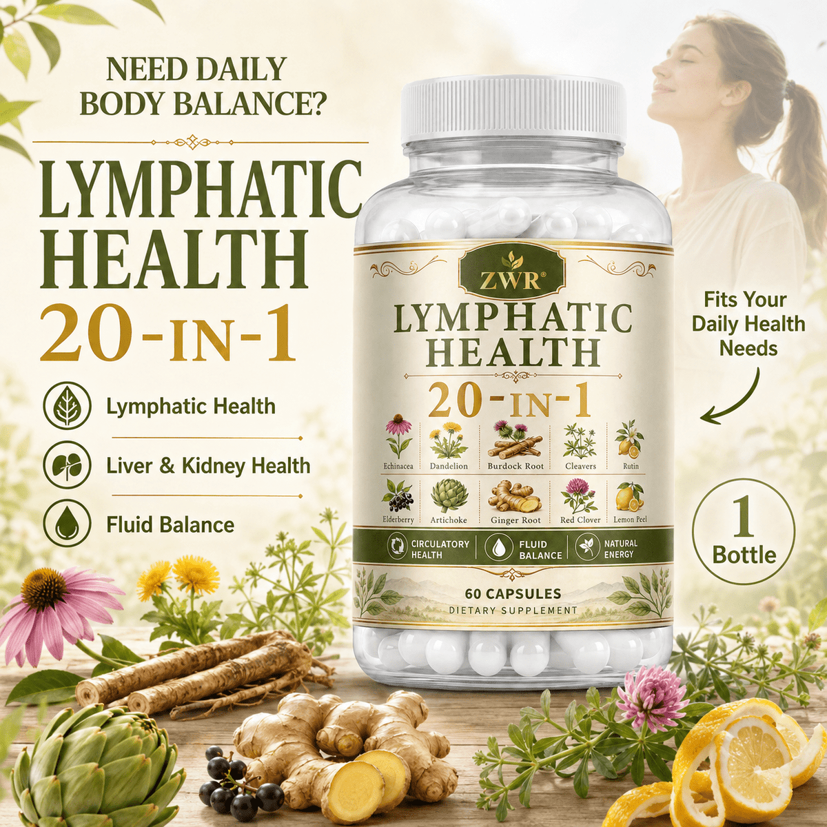 1 Bottle Lymphatic Health 20-in-1 Capsules, Herbal Formula with Echinacea, Dandelion, Burdock Root, Ginger Root, Artichoke & Elderberry, Lymphatic Health, Liver & Kidney Health, Fluid Balance, 60 Capsules