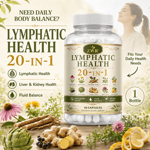 1 Bottle Lymphatic Health 20-in-1 Capsules, Herbal Formula with Echinacea, Dandelion, Burdock Root, Ginger Root, Artichoke & Elderberry, Lymphatic Health, Liver & Kidney Health, Fluid Balance, 60 Capsules
