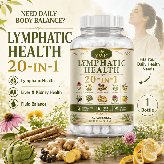 1 Bottle Lymphatic Health 20-in-1 Capsules, Herbal Formula with Echinacea, Dandelion, Burdock Root, Ginger Root, Artichoke & Elderberry, Lymphatic Health, Liver & Kidney Health, Fluid Balance, 60 Capsules