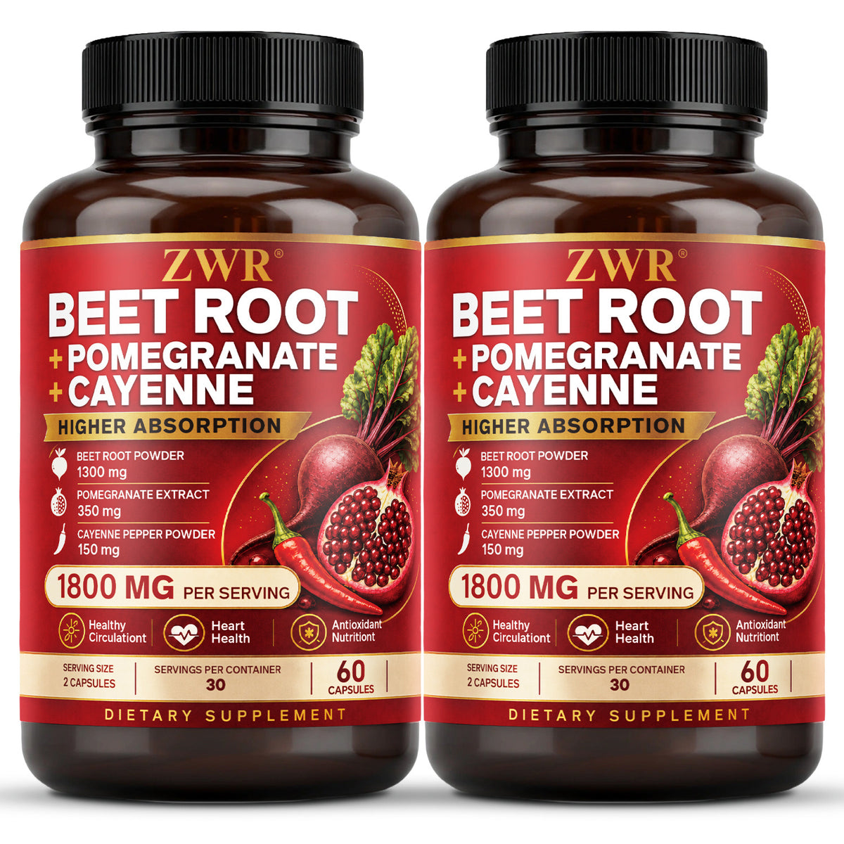 Beet Root + Pomegranate + Cayenne Capsules, 1800 mg Per Serving, Beet Root Powder, Pomegranate Extract, Cayenne Pepper Powder, Healthy Circulation, Heart Health, Daily Antioxidant Nutrition, 60 Capsules Each