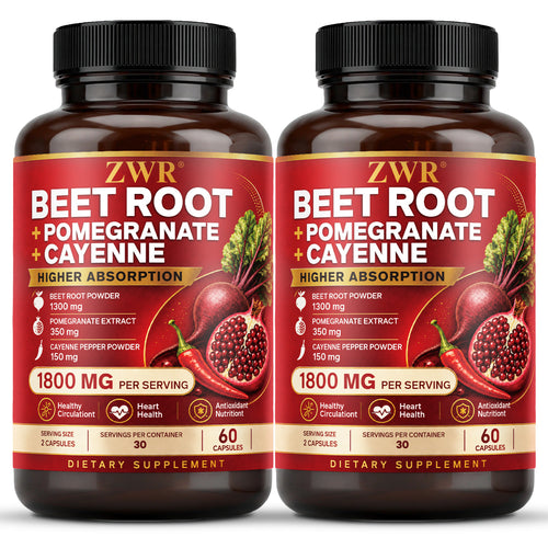 Beet Root + Pomegranate + Cayenne Capsules, 1800 mg Per Serving, Beet Root Powder, Pomegranate Extract, Cayenne Pepper Powder, Healthy Circulation, Heart Health, Daily Antioxidant Nutrition, 60 Capsules Each