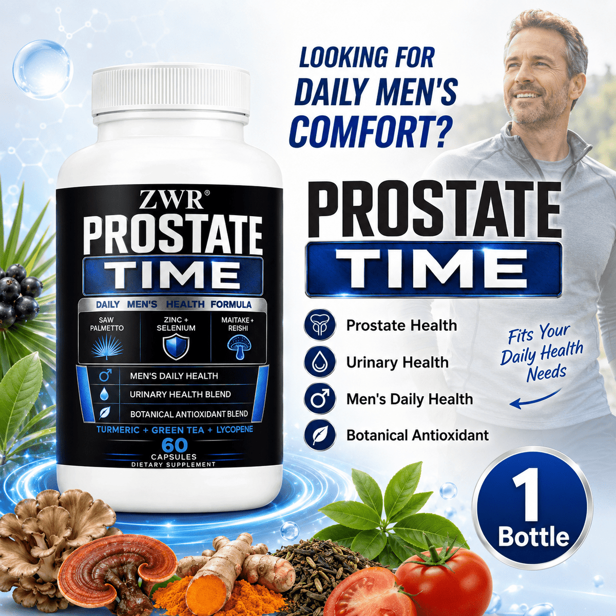 1 Bottle Prostate Time Daily Men's Health Formula, 10-IN-1 Prostate Blend, Zinc, Selenium, Saw Palmetto, Maitake, Reishi, Turmeric, Green Tea, Lycopene, Prostate Health, Urinary Health, 60 Capsules