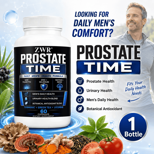 1 Bottle Prostate Time Daily Men's Health Formula, 10-IN-1 Prostate Blend, Zinc, Selenium, Saw Palmetto, Maitake, Reishi, Turmeric, Green Tea, Lycopene, Prostate Health, Urinary Health, 60 Capsules