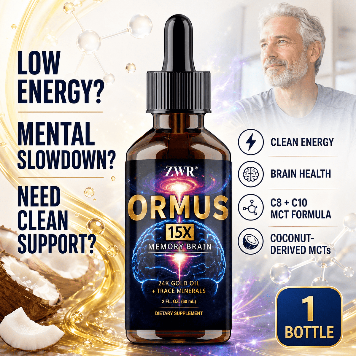 1/2/3 Bottles ZWR Ormus Liquid Supplement, MCT Coconut Oil 1800 mg with C8 1100 mg + C10 600 mg, Coconut-Derived MCTs, Clean Energy and Daily Focus Support, 30 Servings Per Bottle