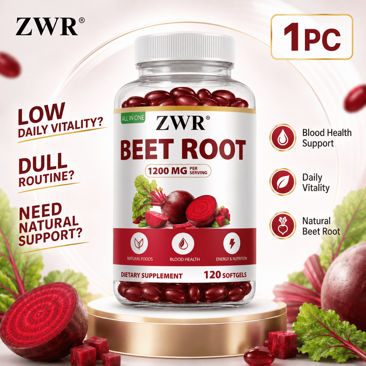 1pc Beet Root Softgels, Beet Root Extract 1200mg, Blood Health and Circulation Support, 3 Softgels Daily, 40 Softgels Per Bottle, Easy to Swallow
