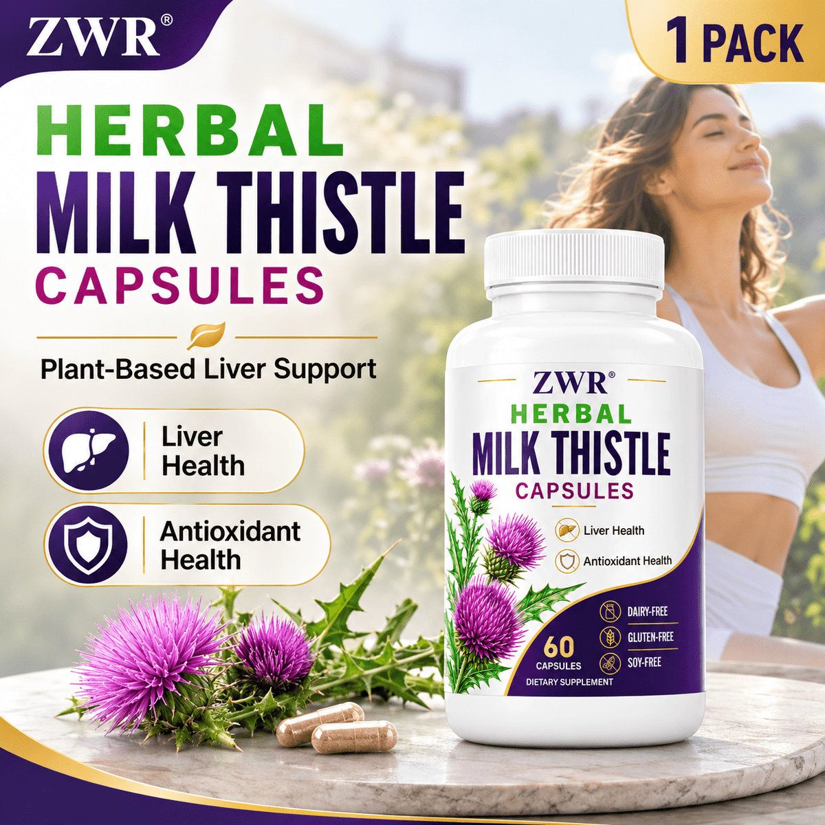 1 PACK - HERBAL MILK THISTLE CAPSULES, with Milk Thistle Seed, Dandelion Root, Plant-Based, 60 Capsules