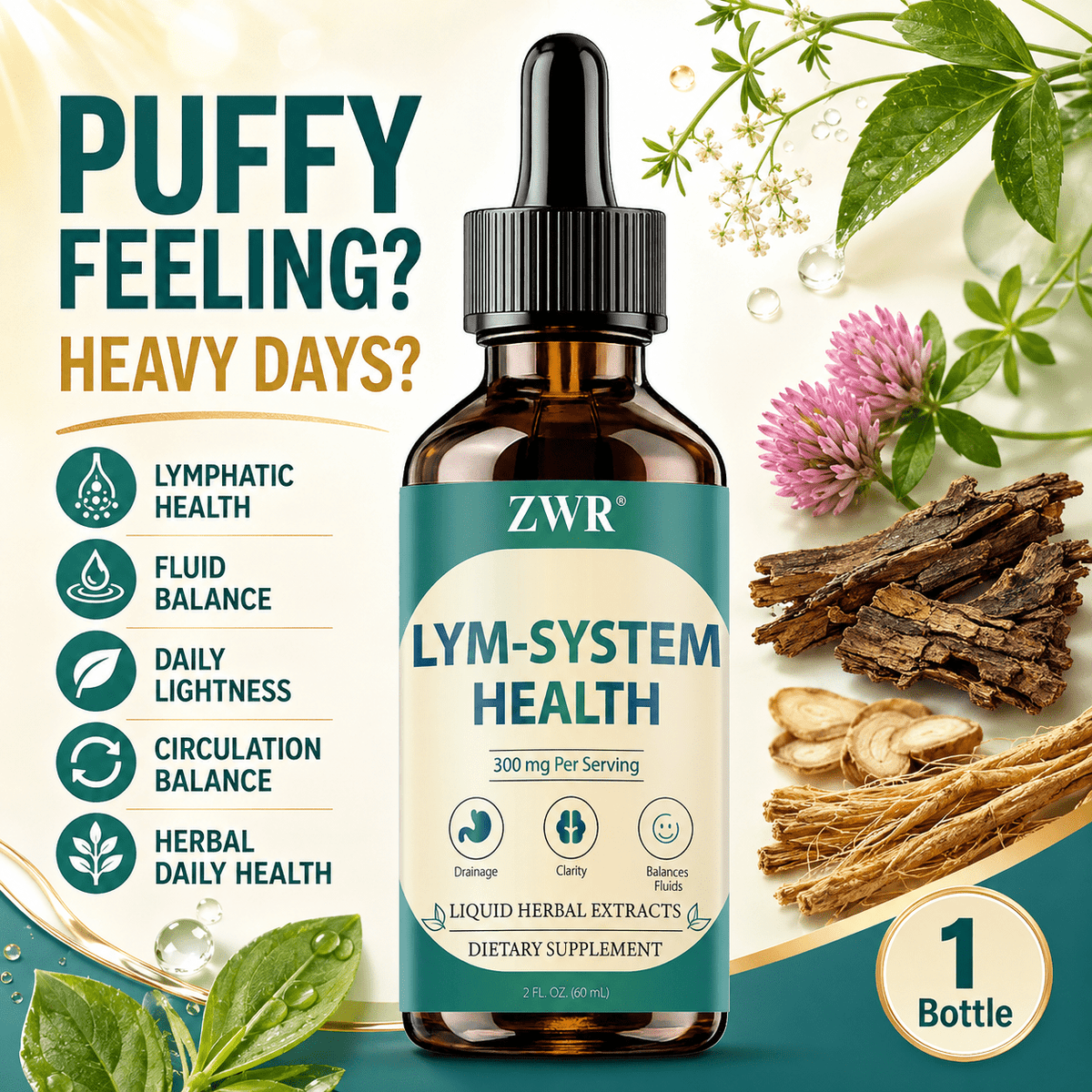 1 Bottle LYM-SYSTEM HEALTH Liquid Herbal Extract, 300mg Herbal Blend, Lymphatic Health & Fluid Balance Support, 2 fl oz/ 60 mL
