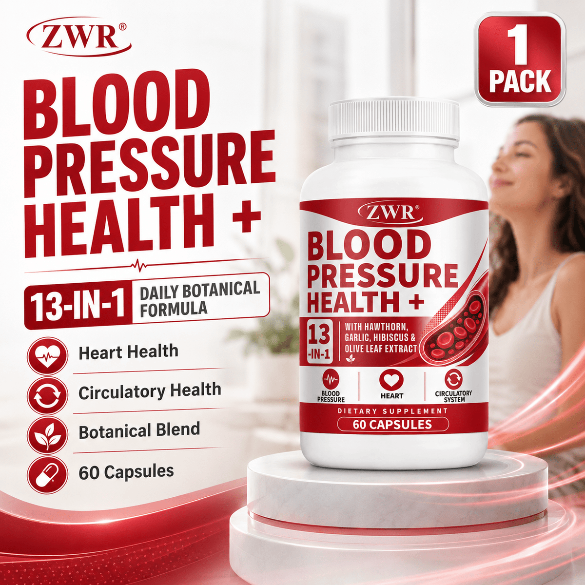 1PACK, Blood Pressure Health Capsules, Hawthorn Extract, Garlic Powder, Hibiscus Flower Powder, Olive Leaf Extract, Beet Root, Vitamin C, Vitamin B6, Vitamin B12, Daily Cardiovascular Health Formula