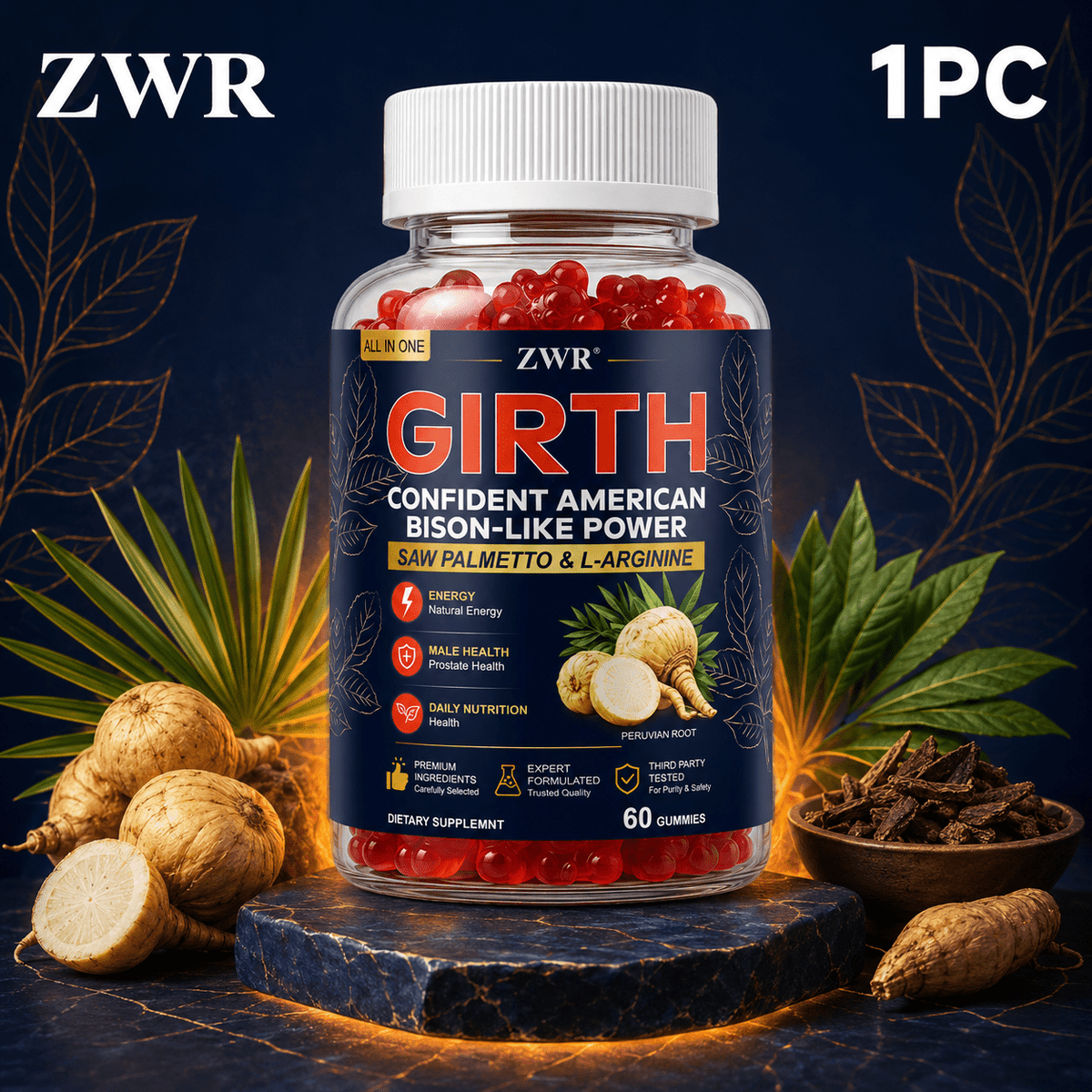 GIRTH Gummies for Men, Complete Nutritional Nourishment, Daily Fuel - Unleashed Men The Beast, Calm Demeanor & Solid Inner Self-Assurance with Peruvian Root, Saw Palmetto, L-Arginine, Tribulus Terrestris & Ashwagandha, 60 Count