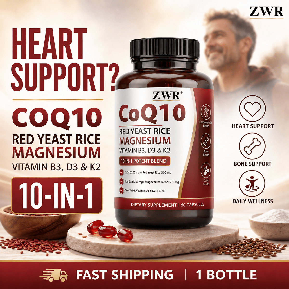 CoQ10 Red Yeast Rice Complex Capsules, 60 Count | 200 mg CoQ10 per Serving | Vitamin, Mineral and Botanical Formula | Red Yeast Rice, Magnesium, Flaxseed & Vitamin K2 | Cardiovascular Health, Vascular Wellness & Energy Nutrition