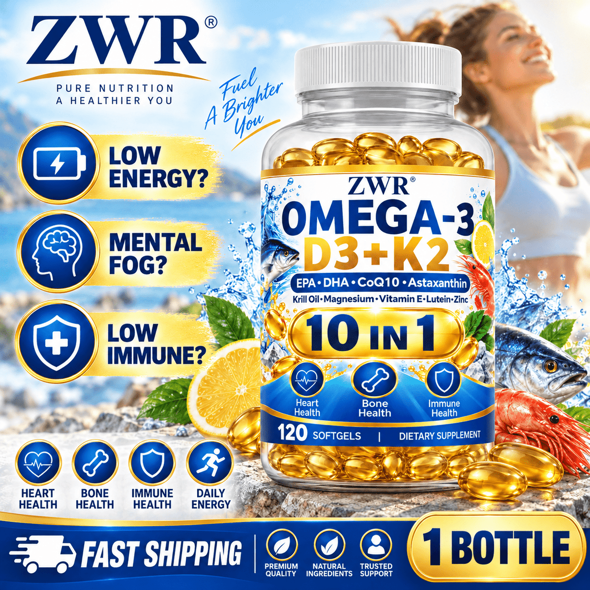 OMEGA-3 D3+K2 Softgels, Bone & Immune Wellness, Antioxidant. Balance body condition and provide steady daily antioxidant nourishment. Key Ingredients: Omega-3, Vitamin D3, K2, E, Coenzyme Q10, Astaxanthin, Lutein, Magnesium, Zinc, 120 Counts.