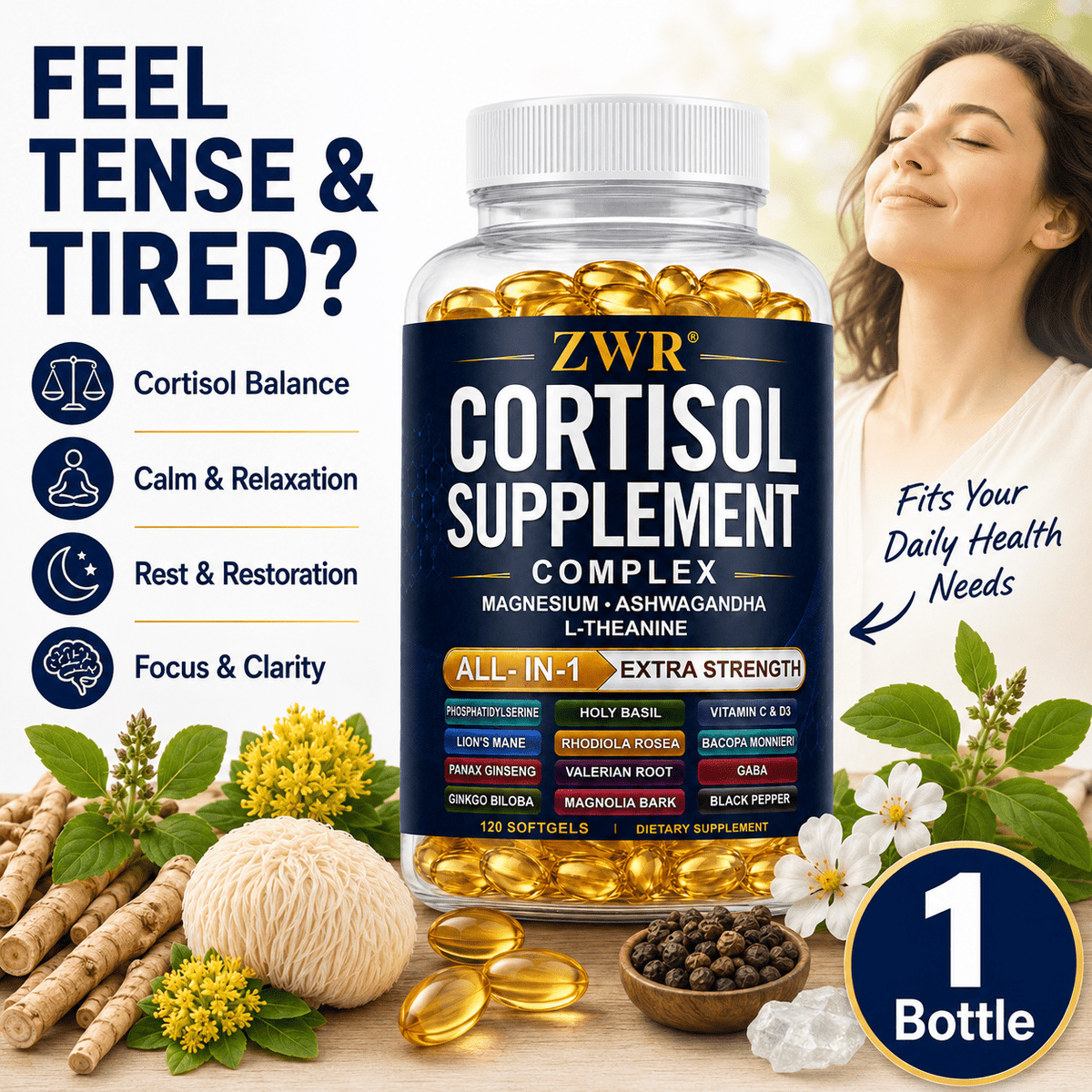 1 Bottle Cortisol Supplement Complex Softgels, All-in-1 Extra Strength Formula with Magnesium, Ashwagandha, L-Theanine, Cortisol Balance, Calm & Relaxation, Rest & Restoration, Focus & Clarity, 120 Softgels